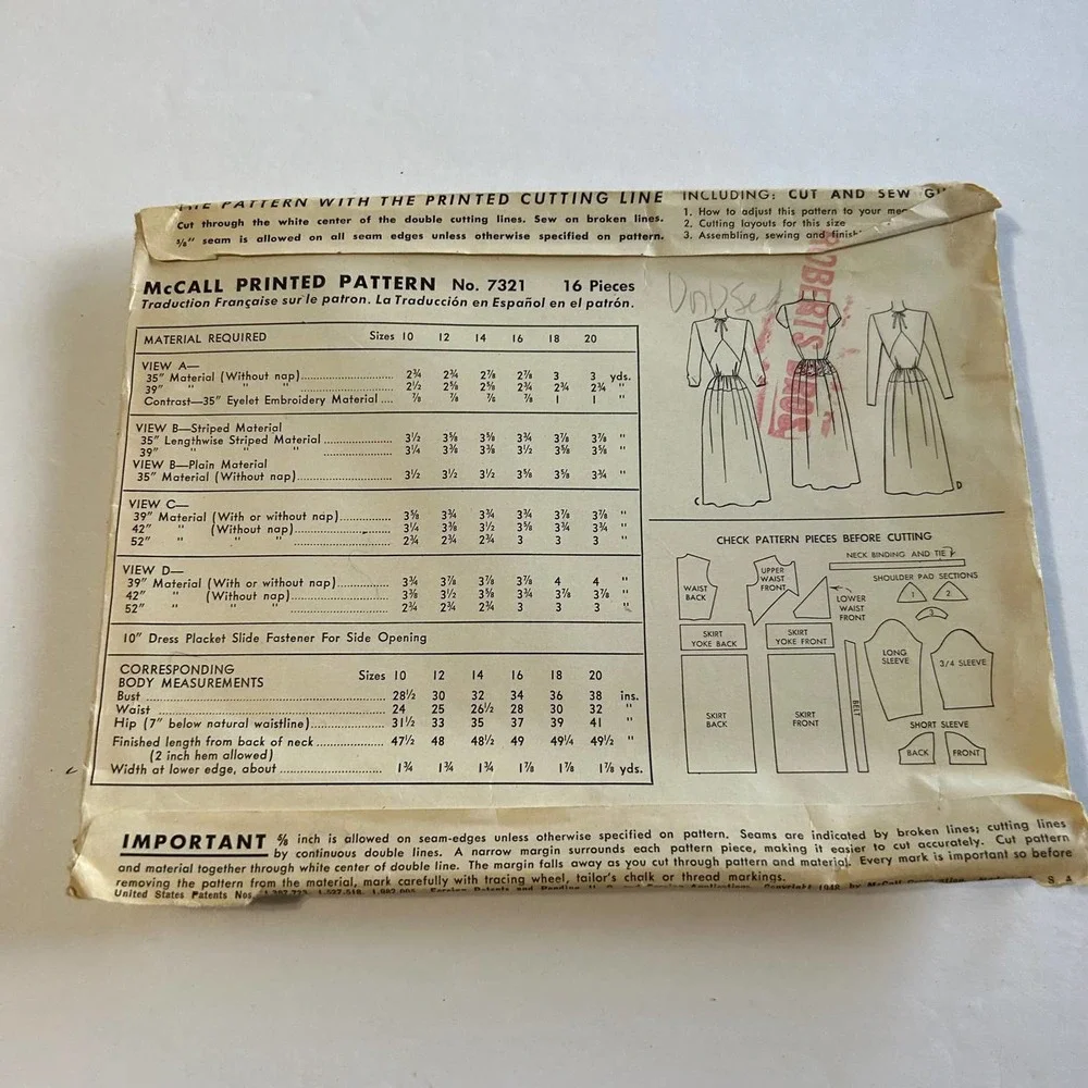 McCalls Vintage 1940's Pattern #7321 Misses Dress Size‎ 14 Bust 32